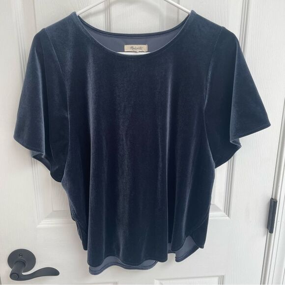 Madewell Navy Blue Velvet Butterfly Sleeve Top Tshirt Women’s Size M - Picture 3 of 7